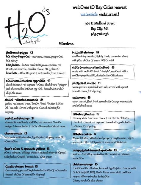 h2o's waterside grill menu with prices  See restaurant menus, reviews, ratings, phone number, address, hours, photos and maps